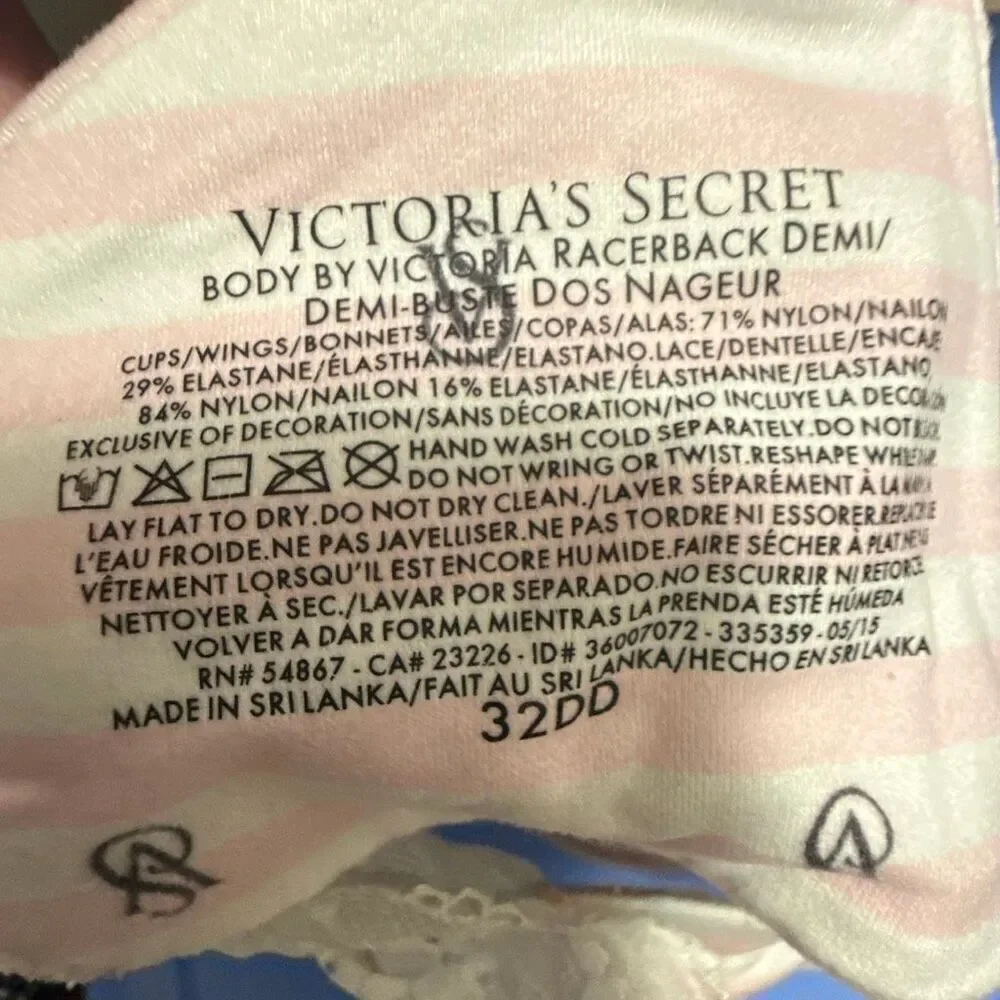 Victoria’s Secret Body By Victoria white pink stripe lace VS logo racer back Dem